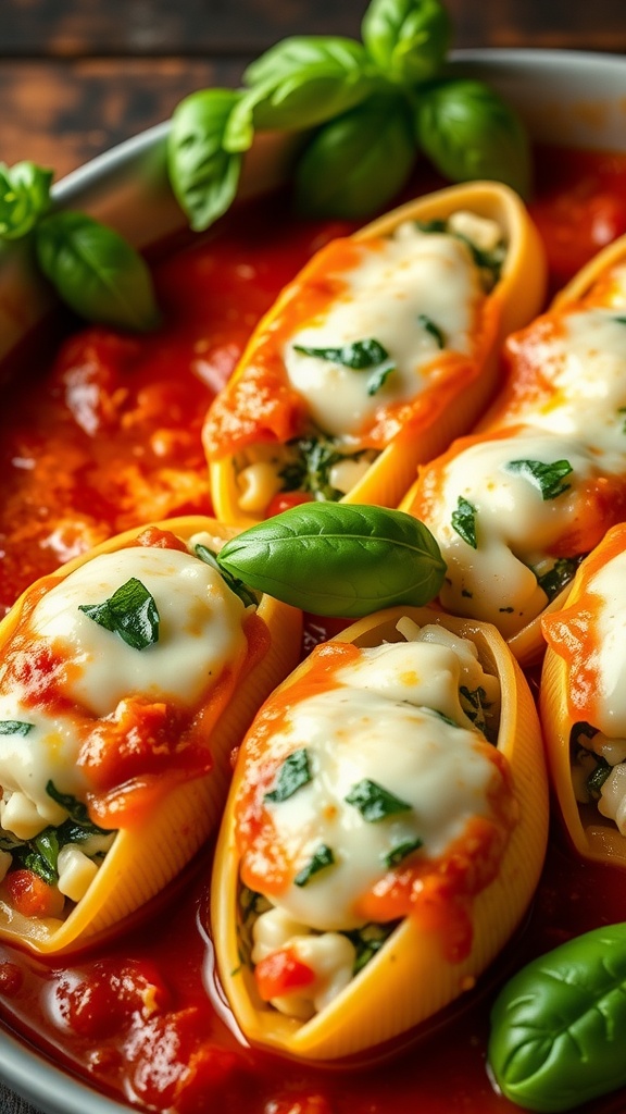 A delicious serving of spinach and ricotta stuffed shells in marinara sauce, garnished with basil on a wooden table.
